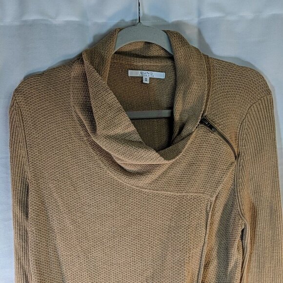 Alfred Sung Full Zip Sweater Womens M Medium Tan Beige Brown Cowl Long Sleeve - Picture 2 of 14